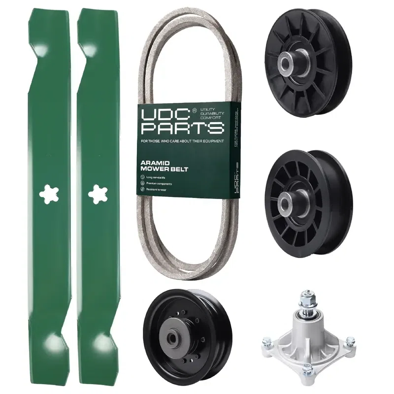 UDC Parts Mower Kit / Belt 194346 + Pulley 532194326 + Pulley 532194327 + Pulley 532196104 + Spindle 532174356 + 2 Pack Blades 138497 / Fits Husqvarna LT1597