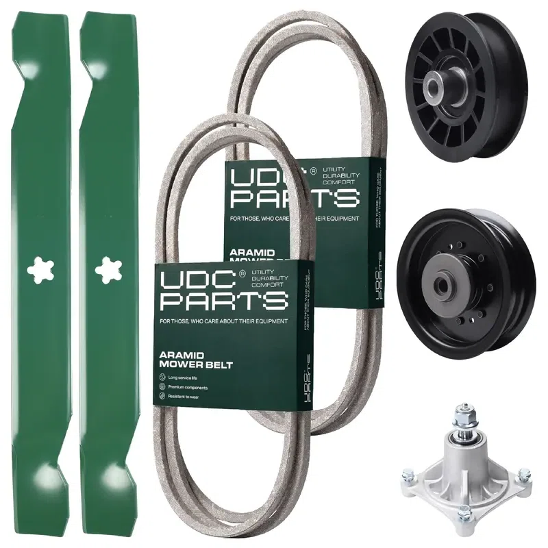 UDC Parts Mower Kit / Belt 138255 + Belt 194346 + Pulley 532194327 + Pulley 532196104 + Spindle 532174356 + 2 Pack Blades 138497 / Fits Husqvarna LT1597