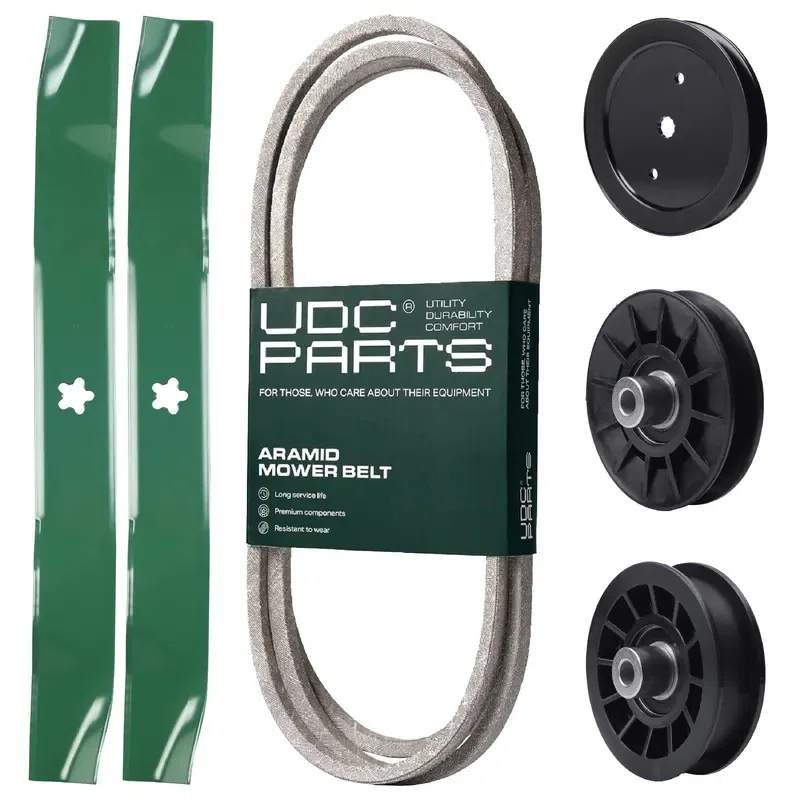 UDC Parts Mower Kit / Belt 197253 + Pulley 195945 + Pulley 532194326 + Pulley 532194327 + 2 Pack Blades 134149 / Fits Jonsered LT2216 LT2216A2 LT2217A