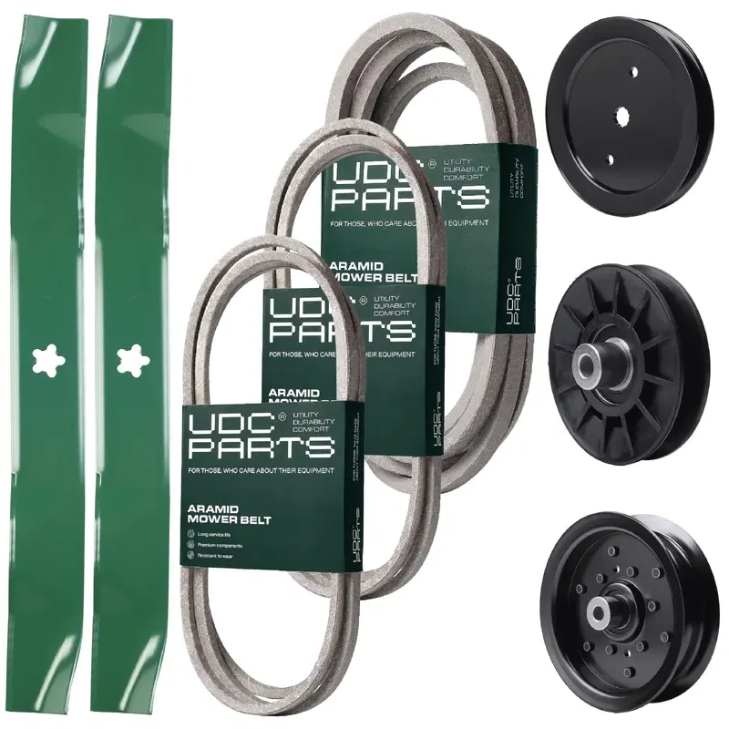 UDC Parts Mower Kit / Belt 140218 + Belt 197242 + Belt 405143 + Pulley 195945 + Pulley 532194326 + Pulley 532196106 + 2 Pack Blades 134149 / Fits Jonsered LT2223A2