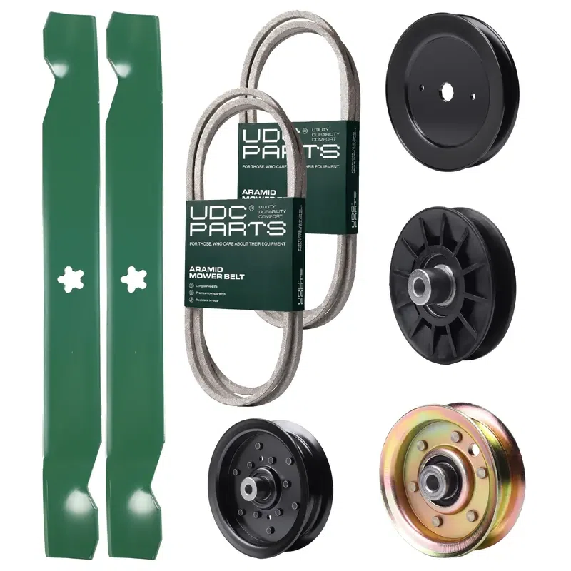 UDC Parts Mower Kit / Belt 140218 + Belt 144959 + Pulley 129861 + Pulley 532194326 + Pulley 532196106 + Pulley 173437 + 2 Pack Blades 138971 / Fits Husqvarna YTH2042 XP