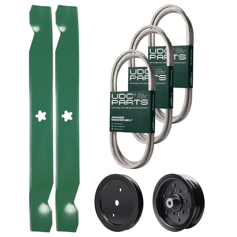 UDC Parts Mower Kit / Belt 130969 + Belt 138255 + Belt 140218 + Pulley 195945 + Pulley 532196106 + 2 Pack Blades 138971 / Fits Jonsered LT2217A