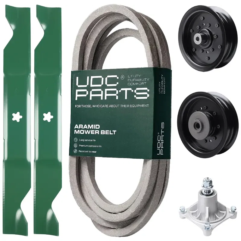 UDC Parts Mower Kit / Belt 539114557 + Pulley 532196106 + Pulley 532196104 + Spindle 532174356 + 2 Pack Blades 405380 / Fits Husqvarna LSZ4622 LSZ5422 LSZ5424