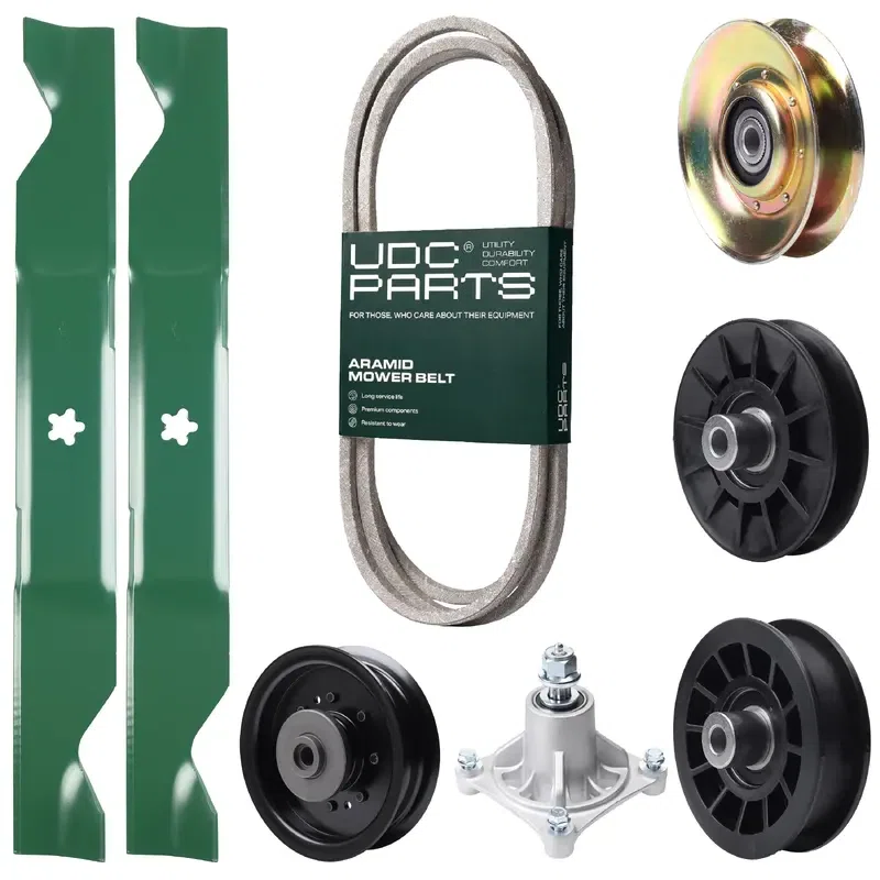 UDC Parts Mower Kit / Belt 194346 + Pulley 127783 + Pulley 532194326 + Pulley 532194327 + Pulley 532196104 + Spindle 532174356 + 2 Pack Blades 405380 / Fits Husqvarna LT1597