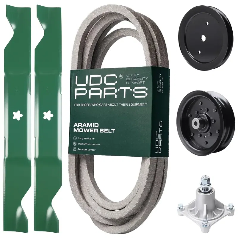 UDC Parts Mower Kit / Belt 539117245 + Pulley 195945 + Pulley 532196106 + Spindle 532174356 + 2 Pack Blades 405380 / Fits Husqvarna RZ4219