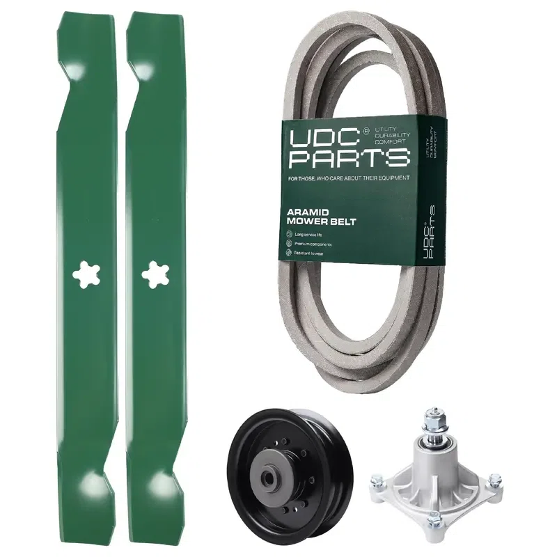 UDC Parts Mower Kit / Belt 539117245 + Pulley 532196104 + Spindle 532174356 + 2 Pack Blades 138497 / Fits Husqvarna LT1597