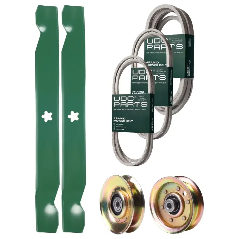 UDC Parts Mower Kit / Belt 140294 + Belt 174883 + Belt 539109243 + Pulley 127783 + Pulley 173437 + 2 Pack Blades 138971 / Fits Husqvarna LTH1542