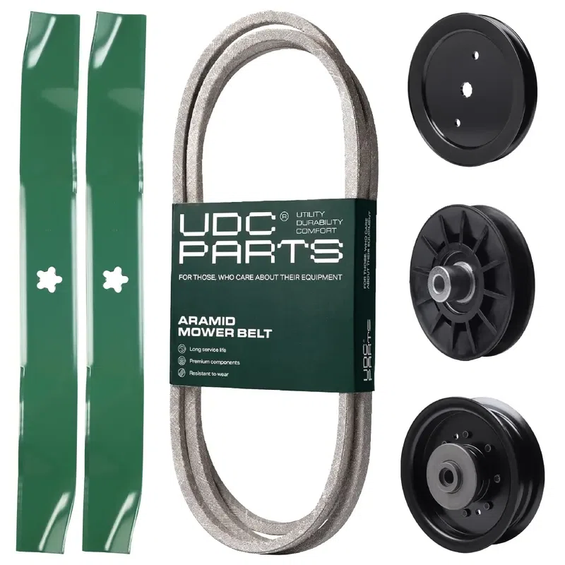 UDC Parts Mower Kit / Belt 130969 + Pulley 195945 + Pulley 532194326 + Pulley 532196104 + 2 Pack Blades 134149 / Fits Husqvarna YTH23V42