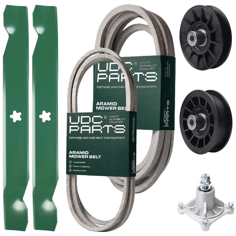 UDC Parts Mower Kit / Belt 194346 + Belt 539117245 + Pulley 532194326 + Pulley 532194327 + Spindle 532174356 + 2 Pack Blades 138497 / Fits Husqvarna LT1597