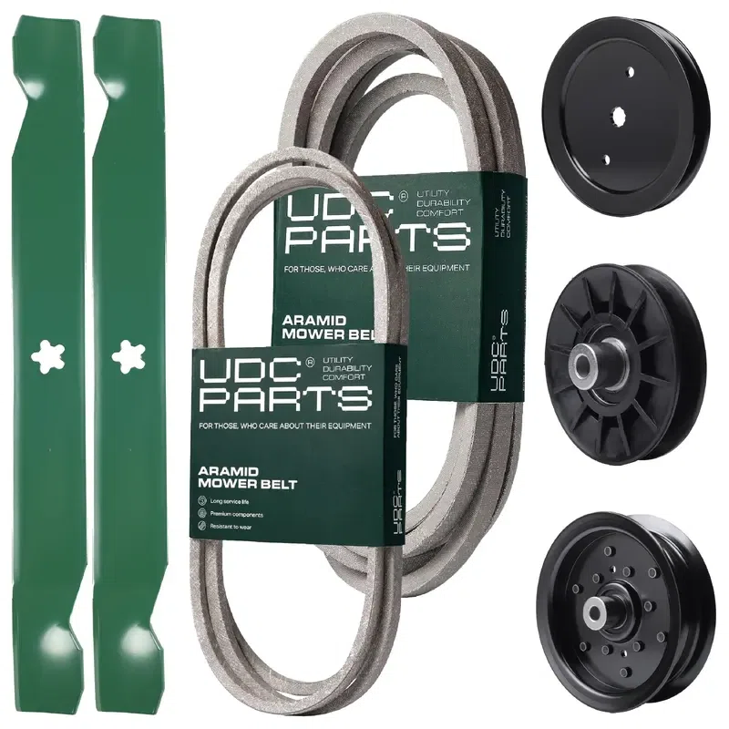 UDC Parts Mower Kit / Belt 140218 + Belt 197242 + Pulley 195945 + Pulley 532194326 + Pulley 532196106 + 2 Pack Blades 138971 / Fits Jonsered LT2223A2