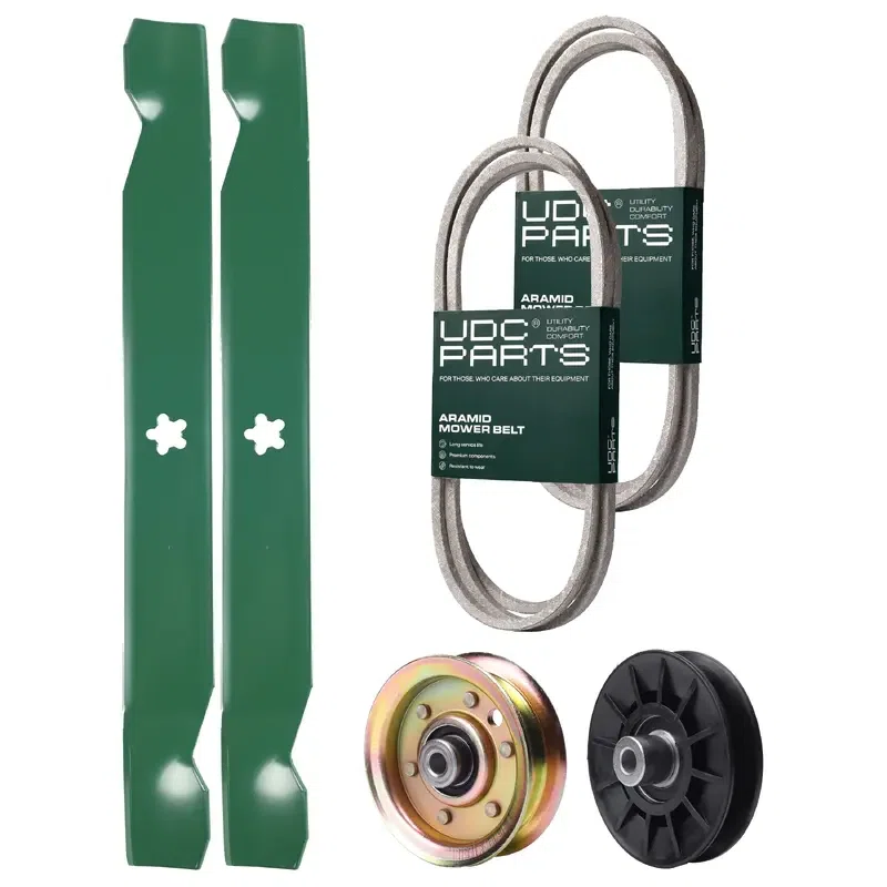 UDC Parts Mower Kit / Belt 140218 + Belt 144959 + Pulley 532194326 + Pulley 173437 + 2 Pack Blades 138971 / Fits Husqvarna YTH2042 XP