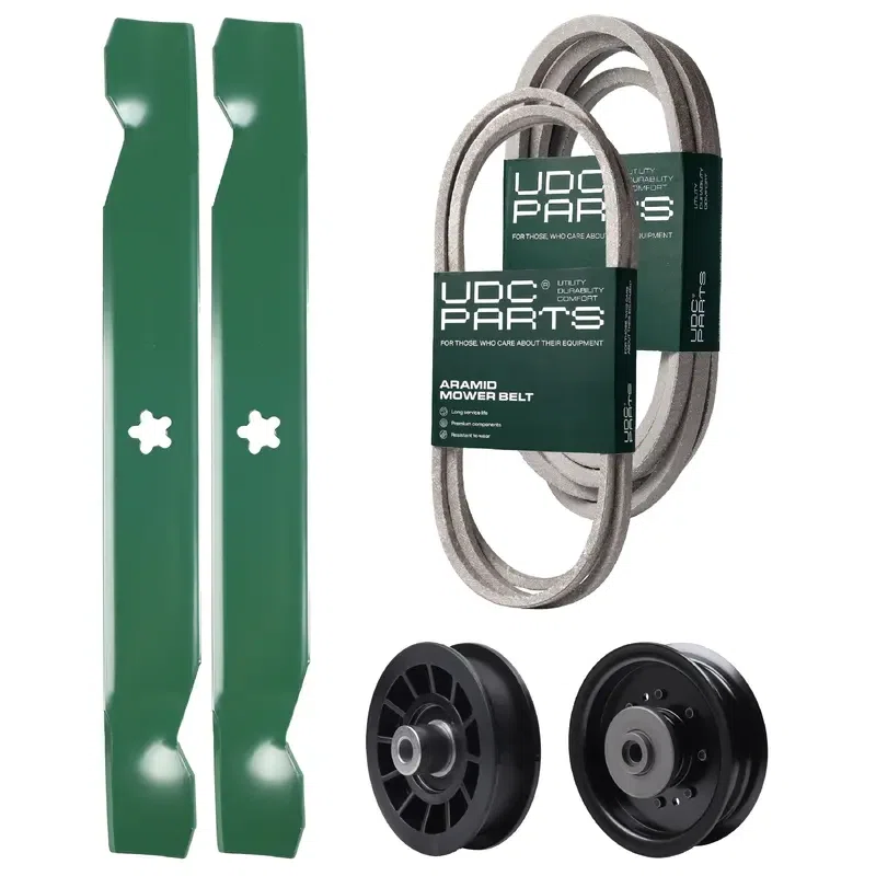UDC Parts Mower Kit / Belt 138255 + Belt 539117245 + Pulley 532194327 + Pulley 532196104 + 2 Pack Blades 138497 / Fits Husqvarna LT1597