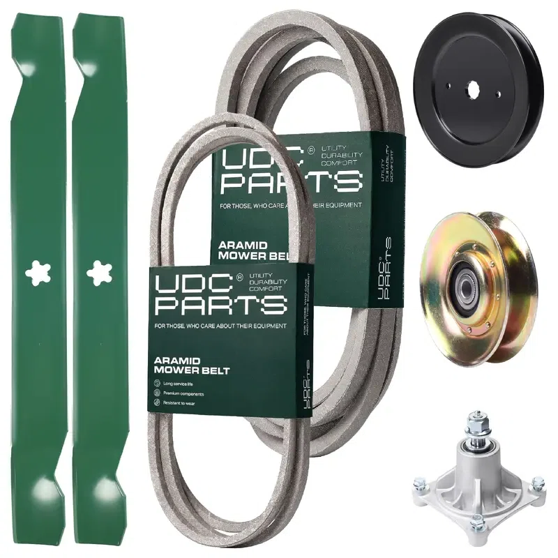 UDC Parts Mower Kit / Belt 144959 + Belt 539109243 + Pulley 127783 + Pulley 129861 + Spindle 532174356 + 2 Pack Blades 138971 / Fits Husqvarna LTH1542