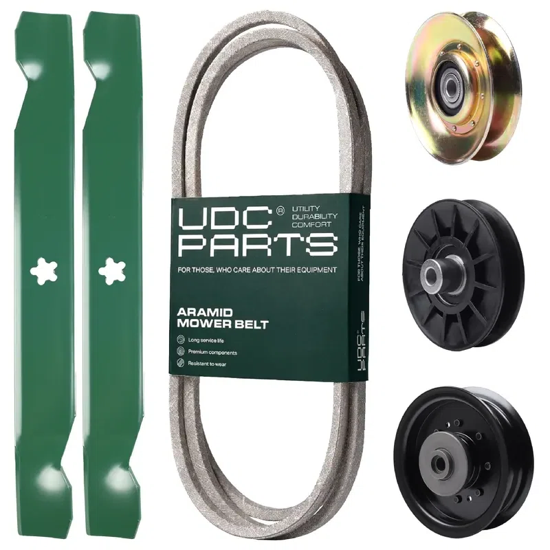UDC Parts Mower Kit / Belt 194346 + Pulley 127783 + Pulley 532194326 + Pulley 532196104 + 2 Pack Blades 138497 / Fits Husqvarna LT1597