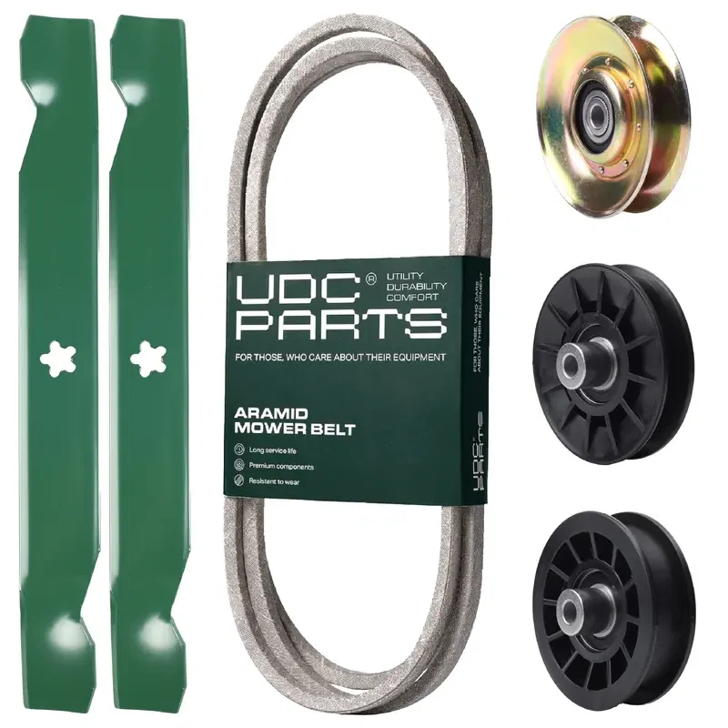 UDC Parts Mower Kit / Belt 140294 + Pulley 127783 + Pulley 532194326 + Pulley 532194327 + 2 Pack Blades 138497 / Fits Husqvarna LTH151 LTH1797