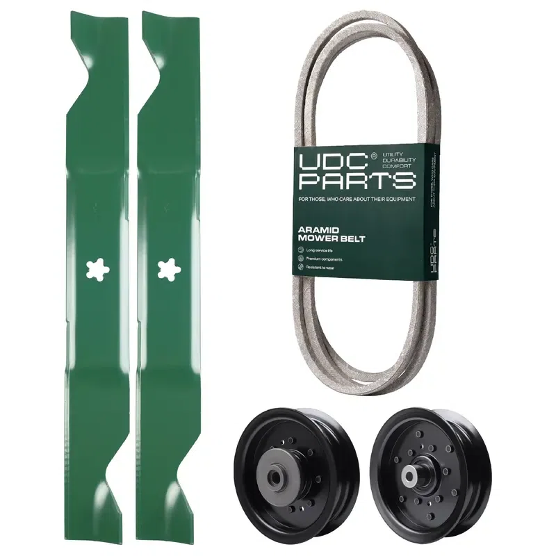 UDC Parts Mower Kit / Belt 405143 + Pulley 532196104 + Pulley 532196106 + 2 Pack Blades 405380 / Fits Husqvarna YTH220 Twin