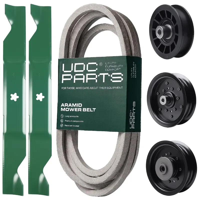 UDC Parts Mower Kit / Belt 197242 + Pulley 532196104 + Pulley 532196106 + Pulley 532194327 + 2 Pack Blades 405380 / Fits Husqvarna YTH220 Twin