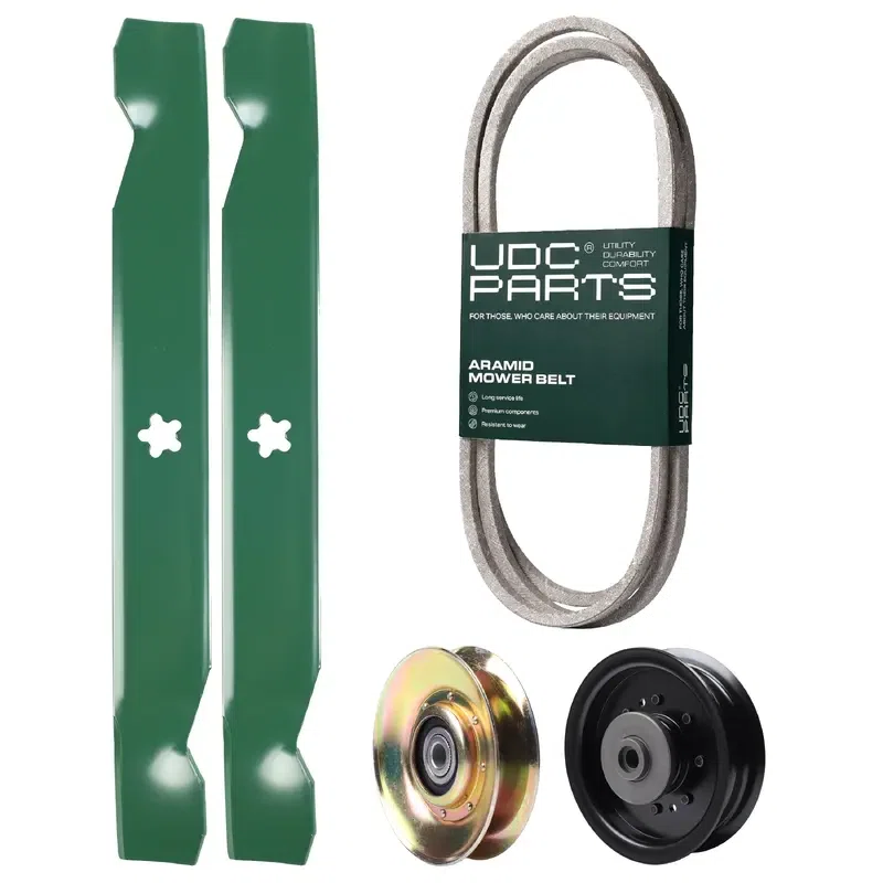 UDC Parts Mower Kit / Belt 194346 + Pulley 127783 + Pulley 532196104 + 2 Pack Blades 138497 / Fits Husqvarna LT1597
