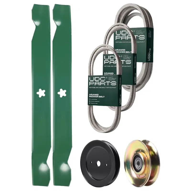 UDC Parts Mower Kit / Belt 144959 + Belt 174883 + Belt 539109243 + Pulley 127783 + Pulley 129861 + 2 Pack Blades 138971 / Fits Husqvarna LTH1542