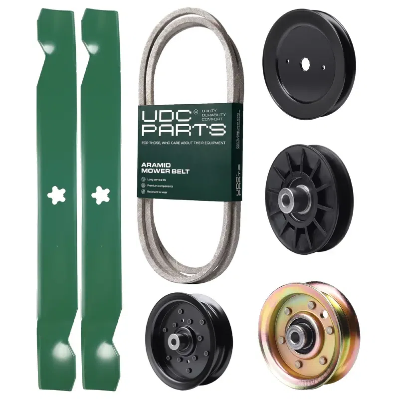 UDC Parts Mower Kit / Belt 144959 + Pulley 129861 + Pulley 532194326 + Pulley 532196106 + Pulley 173437 + 2 Pack Blades 138971 / Fits Husqvarna YTH2042 XP