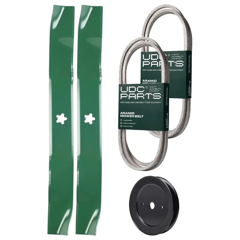 UDC Parts Mower Kit / Belt 130969 + Belt 140218 + Pulley 129861 + 2 Pack Blades 134149 / Fits Husqvarna LOYTH20F42T LTH152 LTH1842 YTH150 YTH1542 XP YTH180 YTH20B42T YTH20F42T YTH2242T