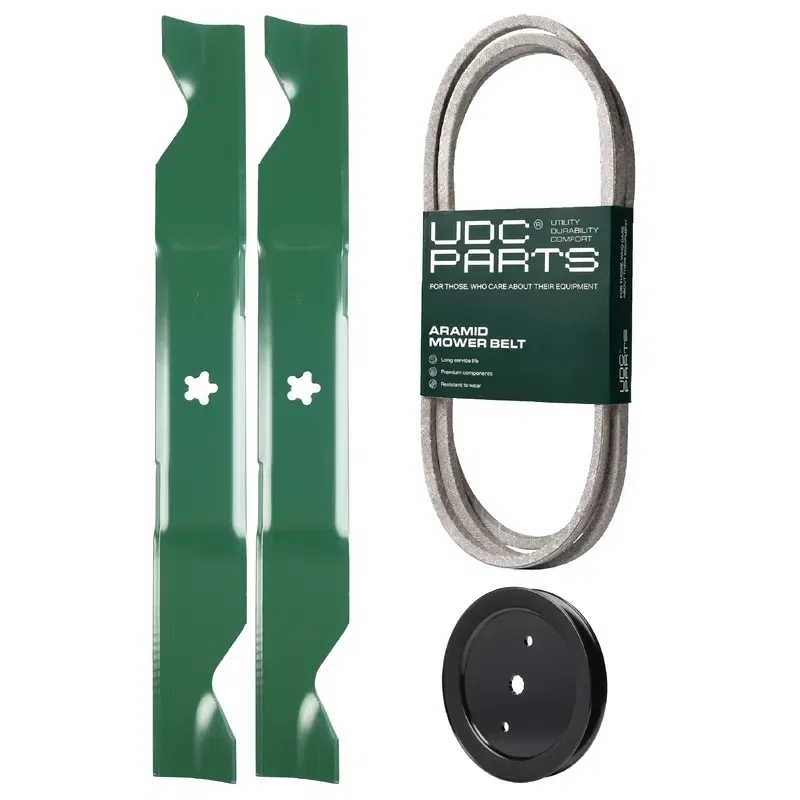 UDC Parts Mower Kit / Belt 405143 + Pulley 195945 + 2 Pack Blades 405380 / Fits Jonsered LT2223A2 LT2320A2 YT46