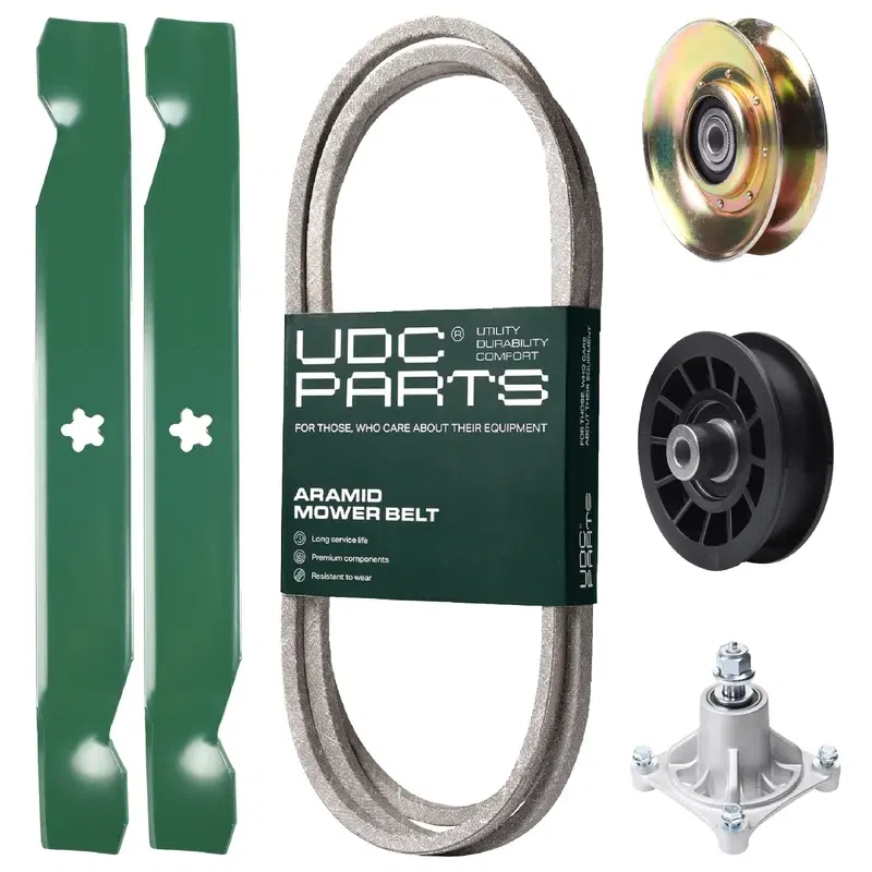 UDC Parts Mower Kit / Belt 194346 + Pulley 127783 + Pulley 532194327 + Spindle 532174356 + 2 Pack Blades 138497 / Fits Husqvarna LT1597