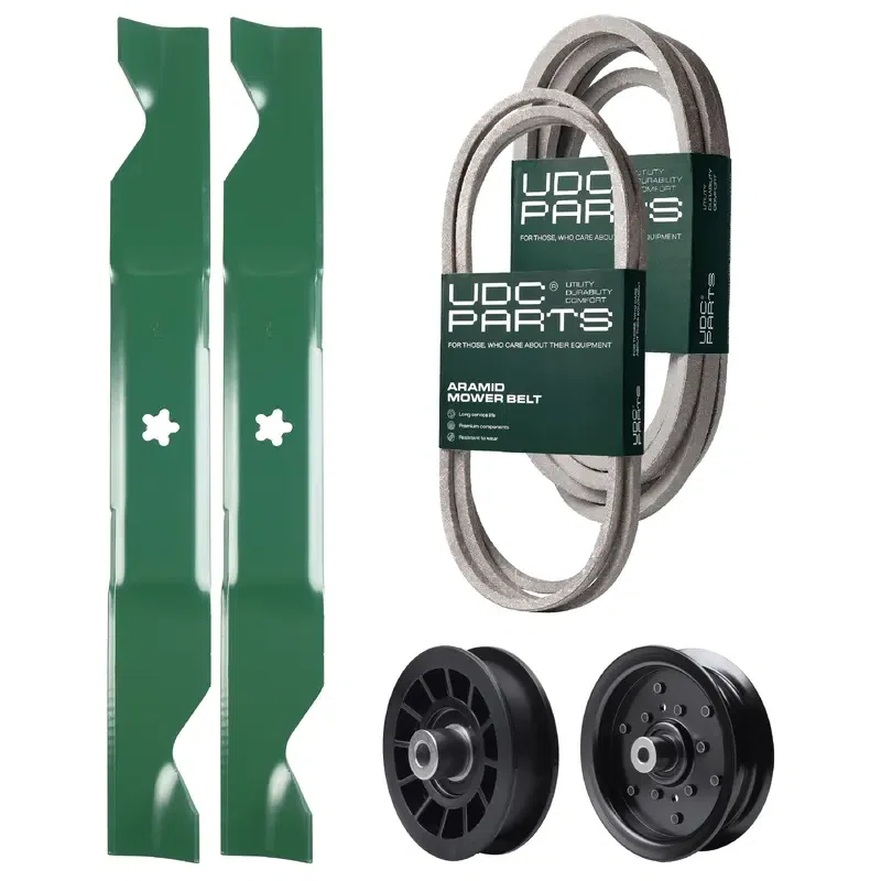 UDC Parts Mower Kit / Belt 197242 + Belt 405143 + Pulley 532196106 + Pulley 532194327 + 2 Pack Blades 405380 / Fits Husqvarna YTH220 Twin