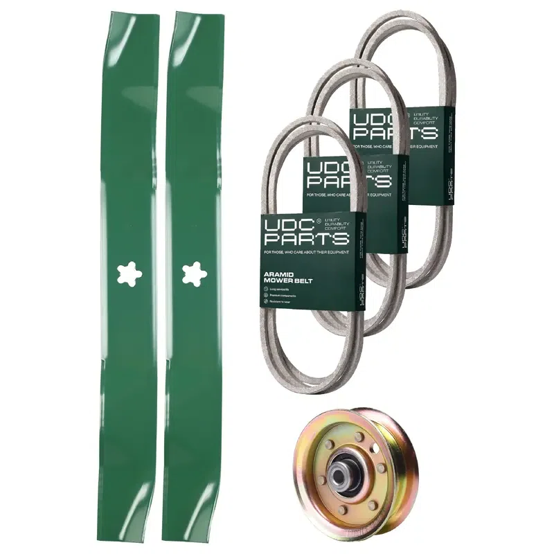 UDC Parts Mower Kit / Belt 140294 + Belt 144200 + Belt 174883 + Pulley 173437 + 2 Pack Blades 134149 / Fits Husqvarna LTH120 YTH170