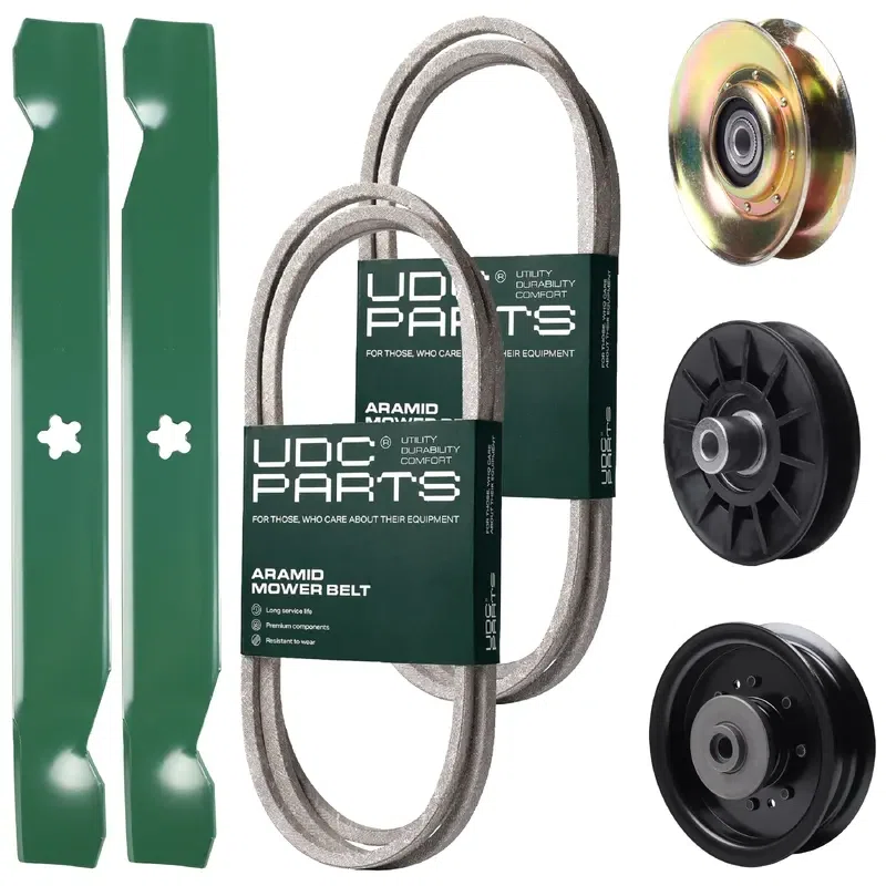 UDC Parts Mower Kit / Belt 138255 + Belt 194346 + Pulley 127783 + Pulley 532194326 + Pulley 532196104 + 2 Pack Blades 138497 / Fits Husqvarna LT1597