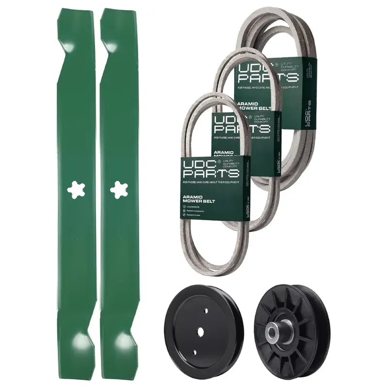 UDC Parts Mower Kit / Belt 140218 + Belt 197242 + Belt 197253 + Pulley 195945 + Pulley 532194326 + 2 Pack Blades 138971 / Fits Jonsered LT2223A2