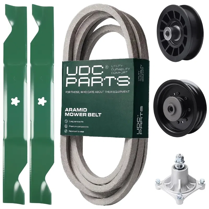 UDC Parts Mower Kit / Belt 539117245 + Pulley 532194327 + Pulley 532196104 + Spindle 532174356 + 2 Pack Blades 405380 / Fits Husqvarna LT1597