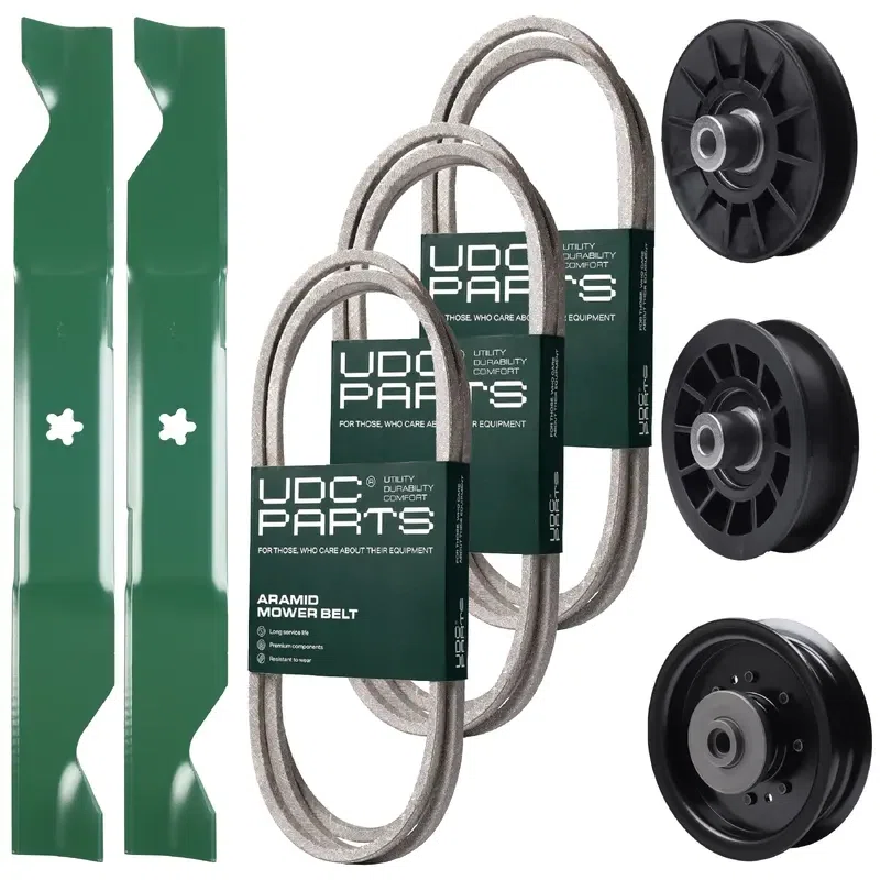 UDC Parts Mower Kit / Belt 130969 + Belt 140218 + Belt 405143 + Pulley 532194326 + Pulley 532196104 + Pulley 532194327 + 2 Pack Blades 405380 / Fits Husqvarna YTH220 Twin