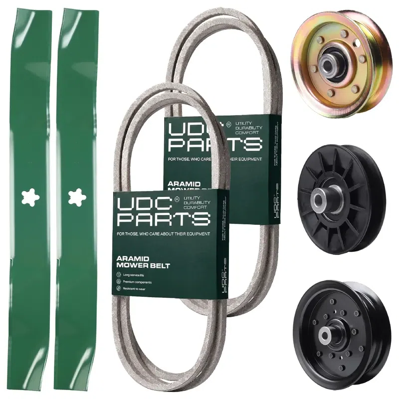 UDC Parts Mower Kit / Belt 140218 + Belt 144959 + Pulley 532194326 + Pulley 532196106 + Pulley 173437 + 2 Pack Blades 134149 / Fits Husqvarna YTH2042 XP
