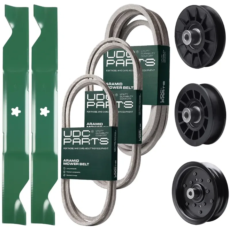 UDC Parts Mower Kit / Belt 140218 + Belt 197242 + Belt 405143 + Pulley 532194326 + Pulley 532196106 + Pulley 532194327 + 2 Pack Blades 405380 / Fits Husqvarna YTH220 Twin