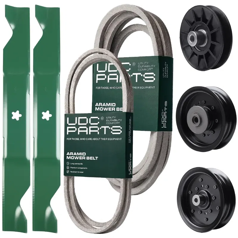 UDC Parts Mower Kit / Belt 140218 + Belt 197242 + Pulley 532194326 + Pulley 532196104 + Pulley 532196106 + 2 Pack Blades 405380 / Fits Husqvarna YTH220 Twin