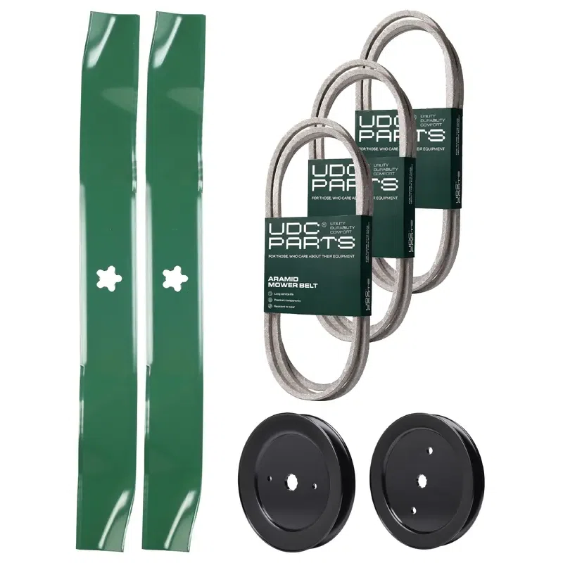 UDC Parts Mower Kit / Belt 130969 + Belt 140218 + Belt 144959 + Pulley 129861 + Pulley 195945 + 2 Pack Blades 134149 / Fits Jonsered LT2218A