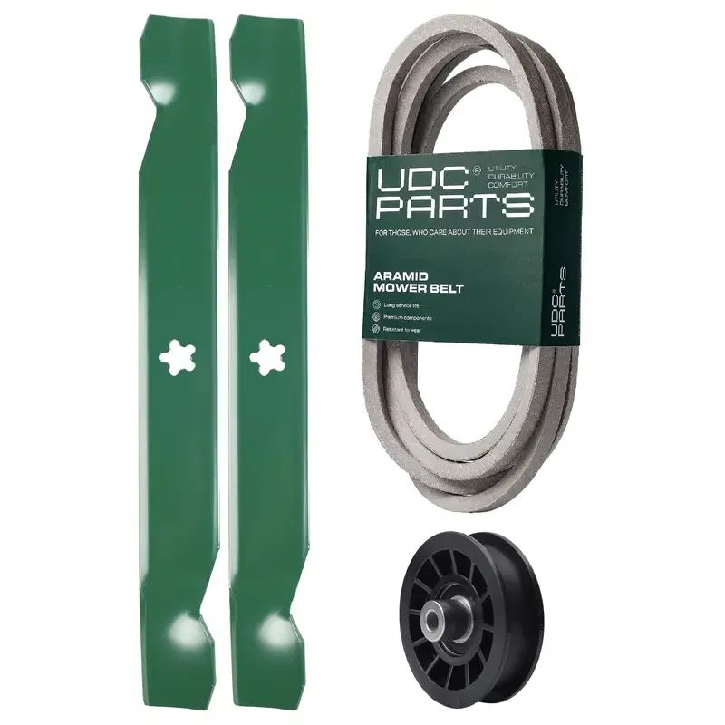 UDC Parts Mower Kit / Belt 539117245 + Pulley 532194327 + 2 Pack Blades 138497 / Fits Husqvarna LT1597