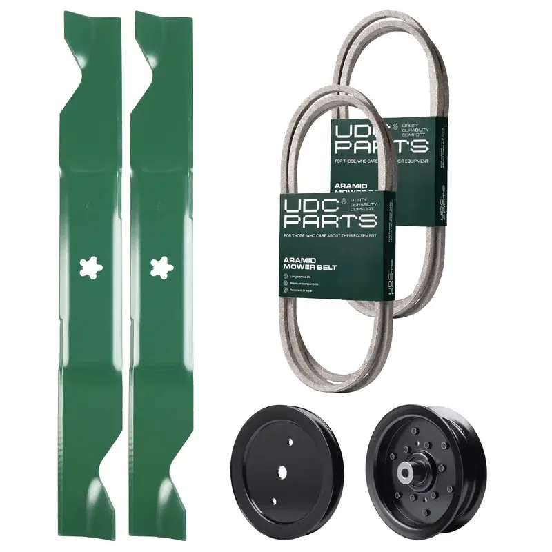 UDC Parts Mower Kit / Belt 140218 + Belt 197253 + Pulley 195945 + Pulley 532196106 + 2 Pack Blades 405380 / Fits Jonsered LT2223A2