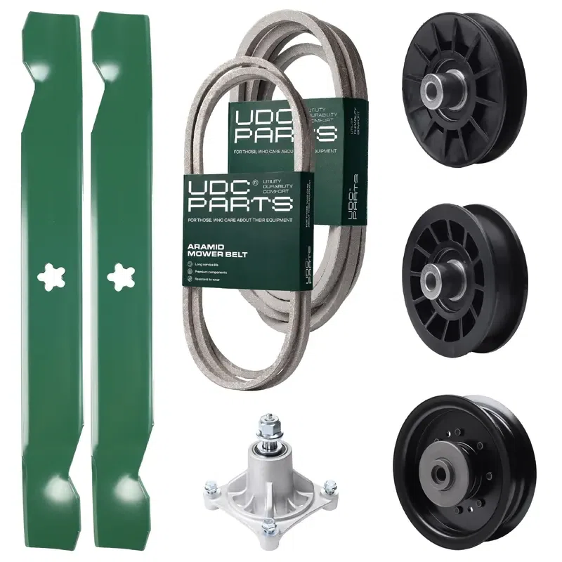 UDC Parts Mower Kit / Belt 138255 + Belt 539117245 + Pulley 532194326 + Pulley 532194327 + Pulley 532196104 + Spindle 532174356 + 2 Pack Blades 138497 / Fits Husqvarna LT1597