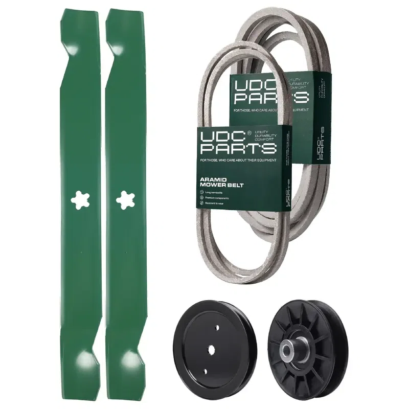 UDC Parts Mower Kit / Belt 197242 + Belt 197253 + Pulley 195945 + Pulley 532194326 + 2 Pack Blades 138971 / Fits Jonsered LT2223A2