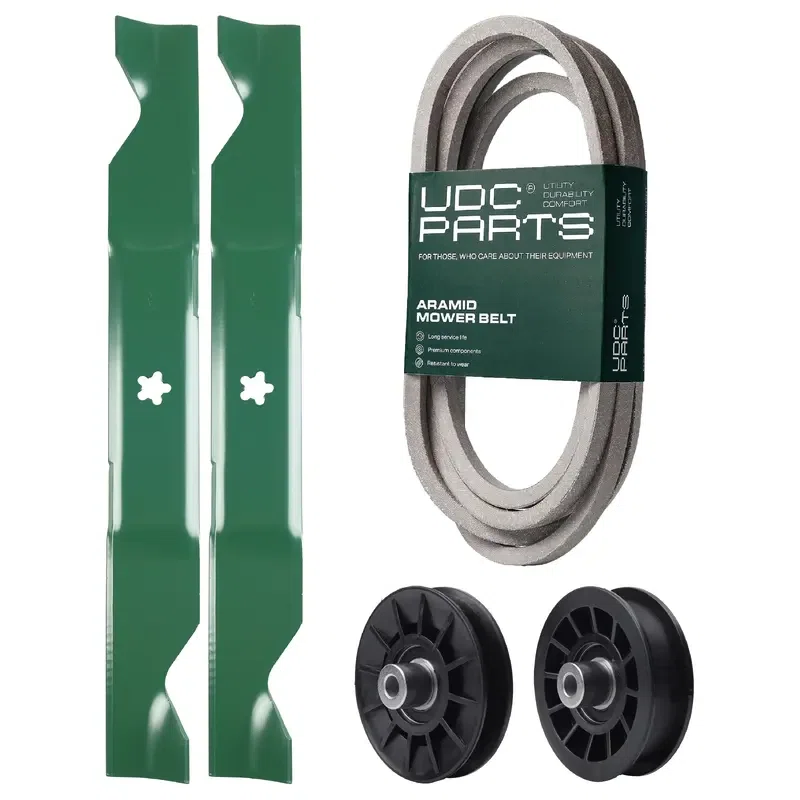 UDC Parts Mower Kit / Belt 539117245 + Pulley 532194326 + Pulley 532194327 + 2 Pack Blades 405380 / Fits Husqvarna LT1597