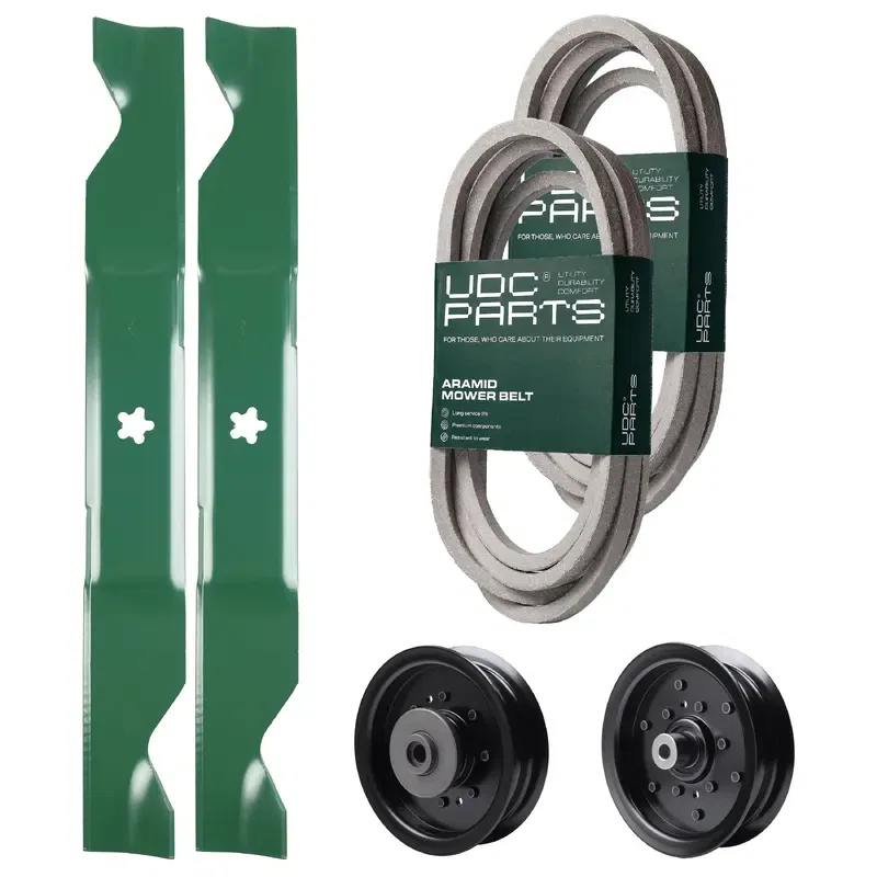 UDC Parts Mower Kit / Belt 539114557 + Belt 539117245 + Pulley 532196106 + Pulley 532196104 + 2 Pack Blades 405380 / Fits Husqvarna LSZ4622 LSZ5422 LSZ5424