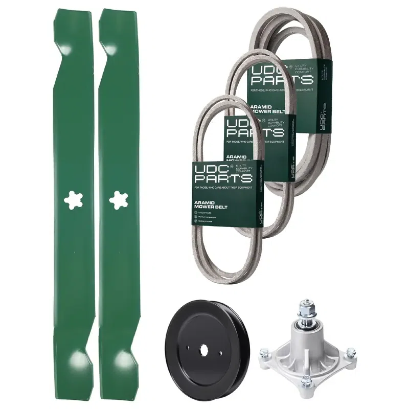 UDC Parts Mower Kit / Belt 140294 + Belt 144959 + Belt 539109243 + Pulley 129861 + Spindle 532174356 + 2 Pack Blades 138971 / Fits Husqvarna LTH1542