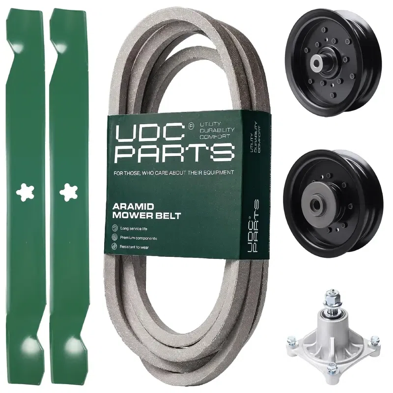 UDC Parts Mower Kit / Belt 539117245 + Pulley 532196106 + Pulley 532196104 + Spindle 532174356 + 2 Pack Blades 138971 / Fits Husqvarna RZ4619 RZ4620 RZ5422 RZ5424