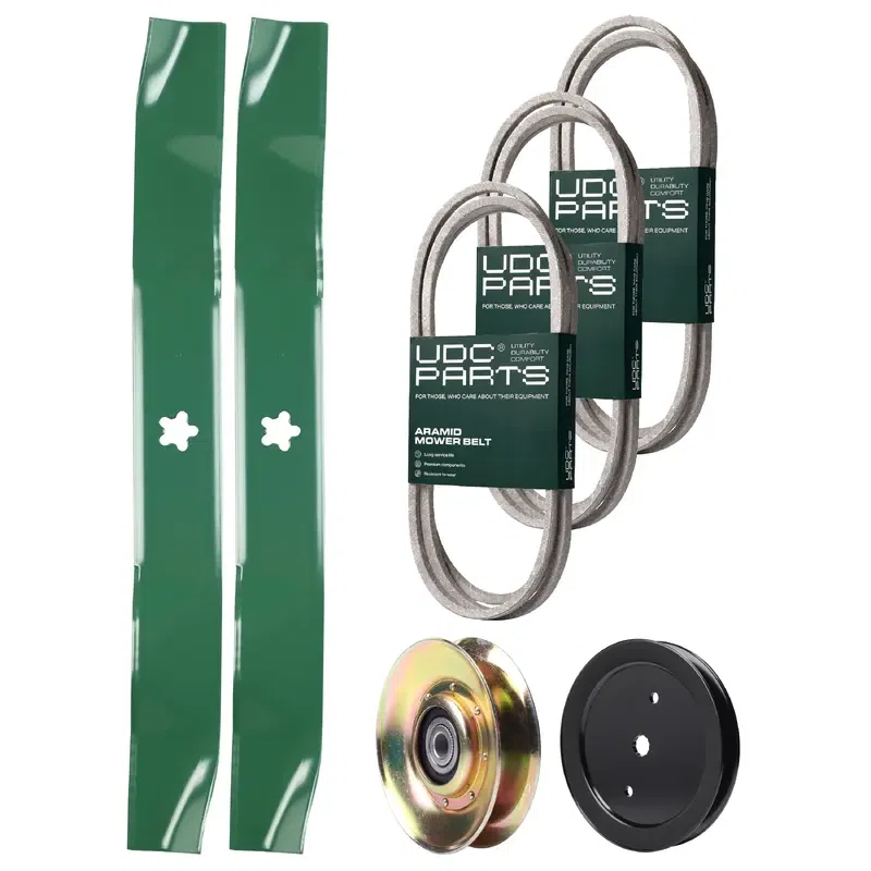 UDC Parts Mower Kit / Belt 140218 + Belt 140294 + Belt 144959 + Pulley 127783 + Pulley 195945 + 2 Pack Blades 134149 / Fits Poulan Pro PK20H42YT