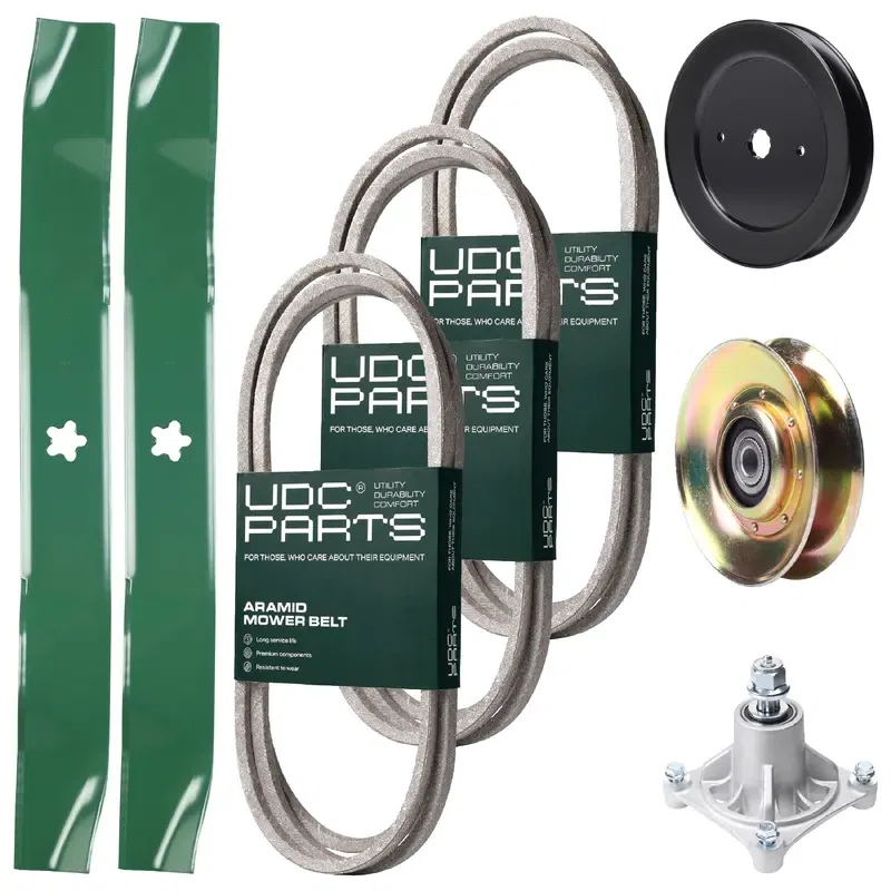 UDC Parts Mower Kit / Belt 140294 + Belt 144959 + Belt 174883 + Pulley 127783 + Pulley 129861 + Spindle 532174356 + 2 Pack Blades 134149 / Fits Husqvarna LTH1542