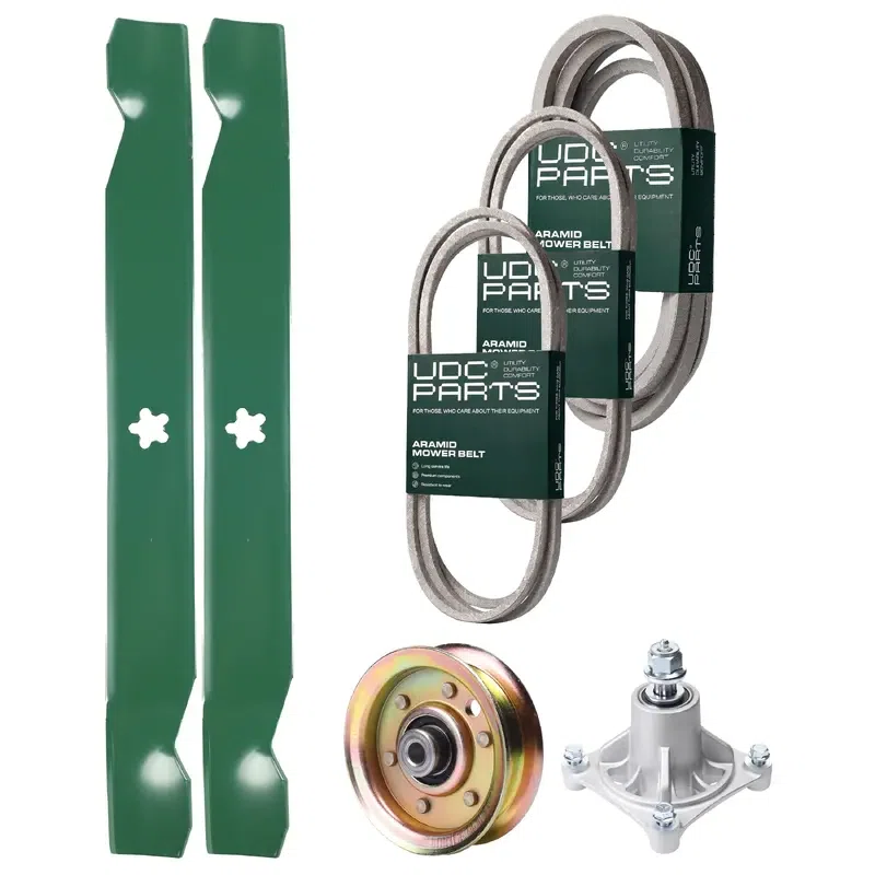 UDC Parts Mower Kit / Belt 144959 + Belt 174883 + Belt 539109243 + Pulley 173437 + Spindle 532174356 + 2 Pack Blades 138971 / Fits Husqvarna LTH1542
