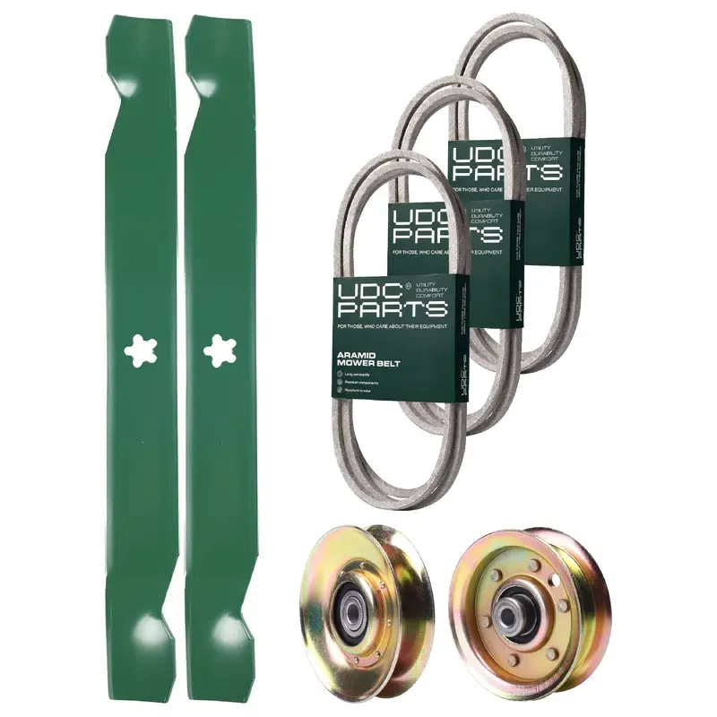 UDC Parts Mower Kit / Belt 138255 + Belt 144200 + Belt 144959 + Pulley 127783 + Pulley 173437 + 2 Pack Blades 138971 / Fits Husqvarna YT150