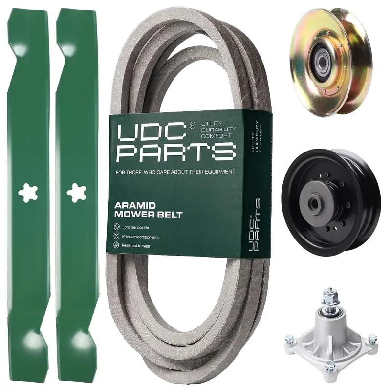 UDC Parts Mower Kit / Belt 539117245 + Pulley 127783 + Pulley 532196104 + Spindle 532174356 + 2 Pack Blades 138497 / Fits Husqvarna LT1597